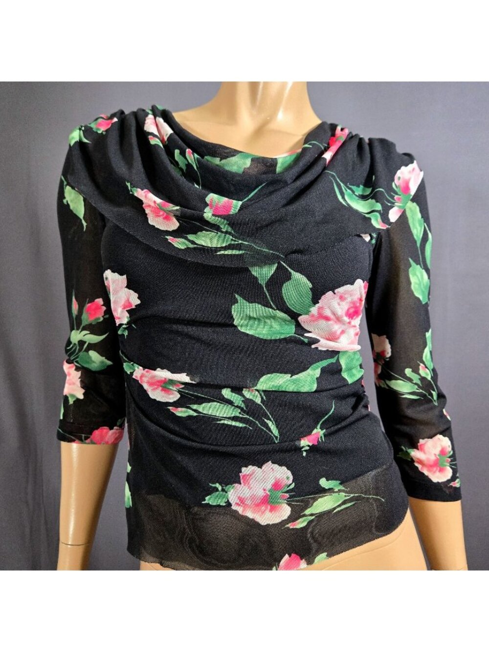 Vintage Y2K Black Mesh Top Pink Rose floral Print Size S Gothic Fairy Coquette